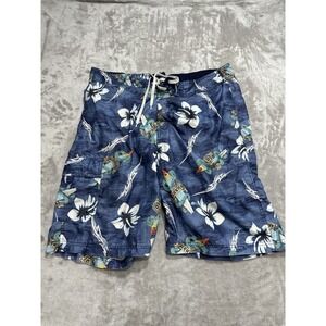 Gecko Hawaii Shorts Men's Size Medium Blue Floral Lined Drawstring Oversized EUC